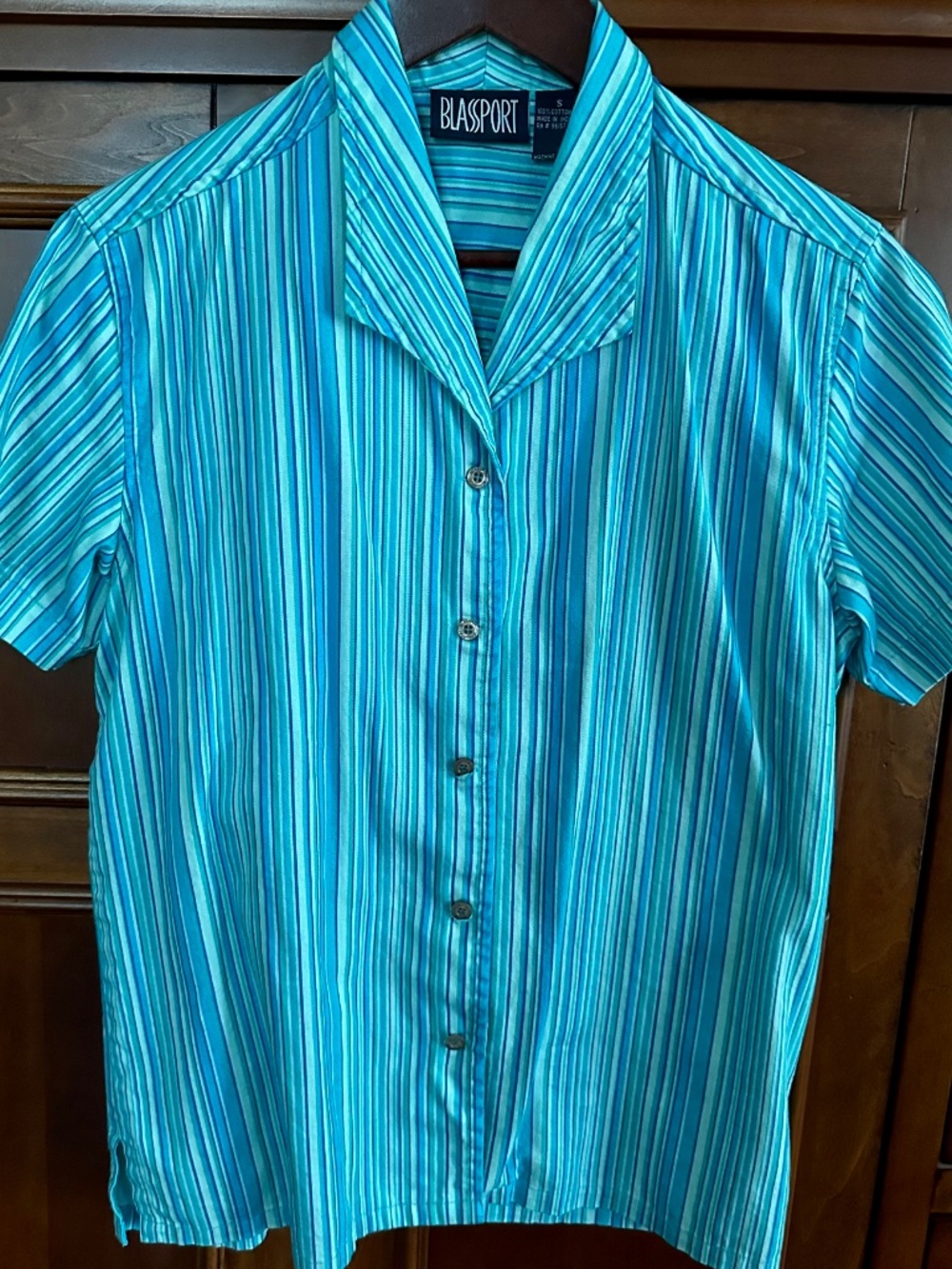 Blassport Button Down Cotton Turquoise Striped Collared Top Size S/M NWOT